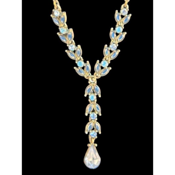 Teardrop Necklace With different colors of Blue stones and enamel painted leave - Picture 3 of 10